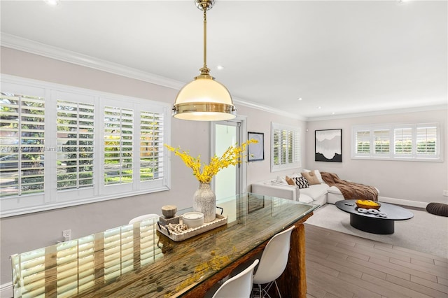 1261 San Miguel Ave, Coral Gables, FL 33134 - dining area featuring ornamental molding, wood finished floors, and recessed lighting