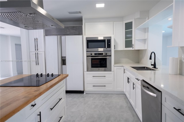 10860 SW 116th St, Miami, FL 33176 - kitchen with stainless steel appliances, ventilation hood, wood counters, open shelves, and glass insert cabinets