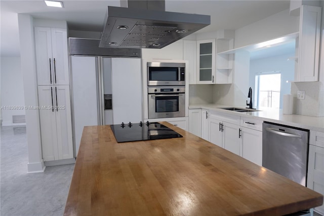 10860 SW 116th St, Miami, FL 33176 - kitchen featuring stainless steel appliances, wooden counters, range hood, white cabinets, and open shelves