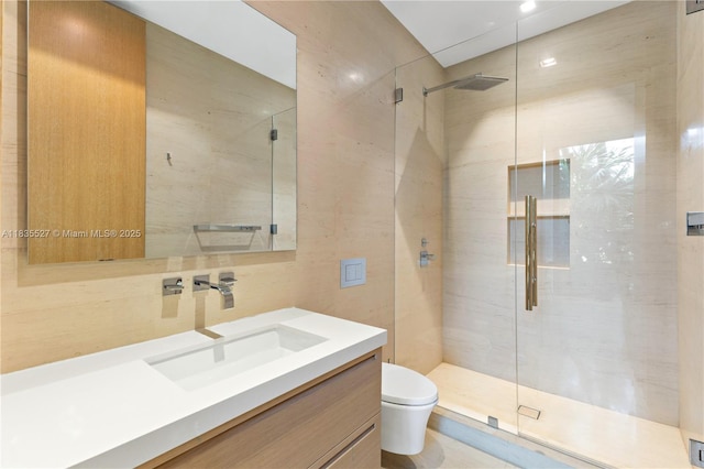 126 W San Marino Dr, Miami Beach, FL 33139 - full bathroom featuring vanity, a stall shower, and tile walls