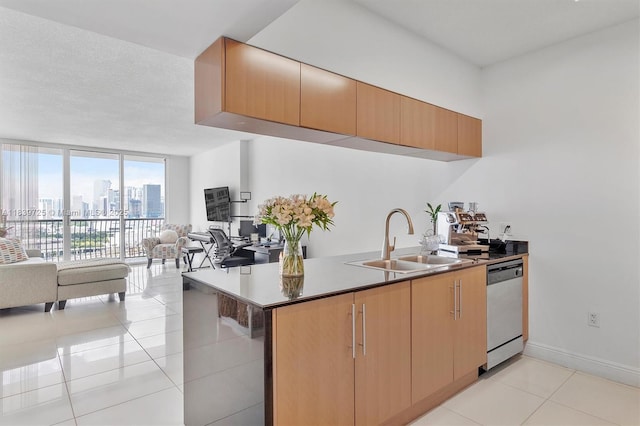1750 SE Bayshore Dr Unit 2506, Miami, FL 33132 - kitchen featuring light tile patterned floors, open floor plan, dishwasher, a peninsula, and floor to ceiling windows