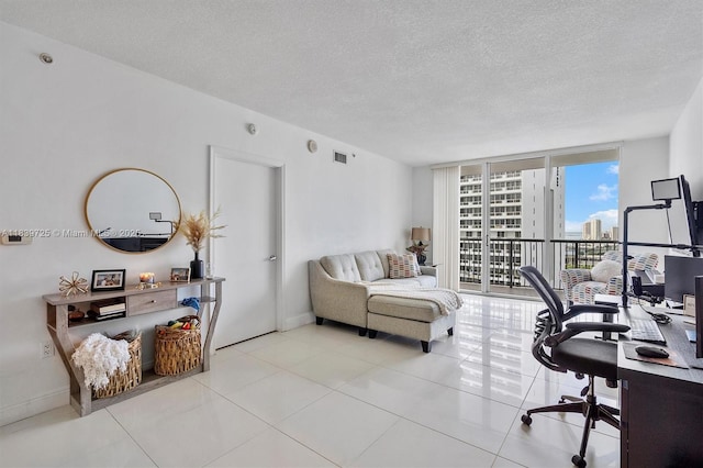 1750 SE Bayshore Dr Unit 2506, Miami, FL 33132 - tiled home office with expansive windows and a textured ceiling