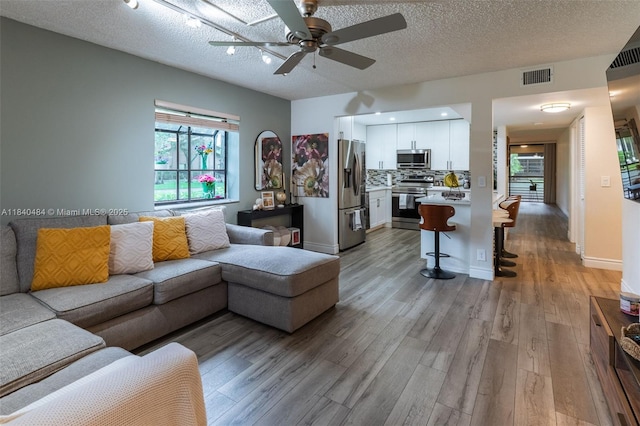 7625 NW 79th Ave Unit 101, Tamarac, FL 33321 - living area with wood finished floors, a ceiling fan, plenty of natural light, and a textured ceiling