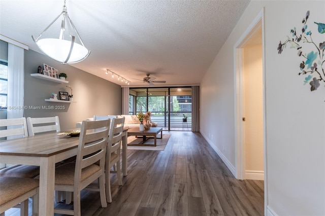 7625 NW 79th Ave Unit 101, Tamarac, FL 33321 - dining room featuring ceiling fan, a textured ceiling, wood finished floors, healthy amount of natural light, and track lighting