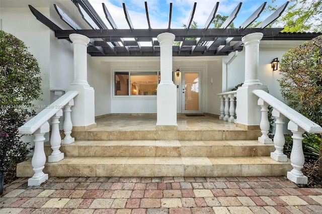 5701 SW 33rd St, Miami, FL 33155 - doorway to property featuring a pergola and stucco siding