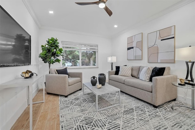 5701 SW 33rd St, Miami, FL 33155 - living area with light wood-style floors, ornamental molding, a ceiling fan, and recessed lighting