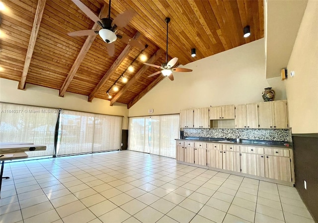 1725 SW 131st Place Cir S, Miami, FL 33175 - kitchen with ceiling fan, high vaulted ceiling, a wood ceiling with exposed beams, open floor plan, and dark countertops