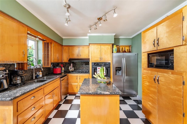 9370 SW 61st St, Miami, FL 33173 - kitchen featuring dark floors, a center island, black appliances, decorative backsplash, and crown molding