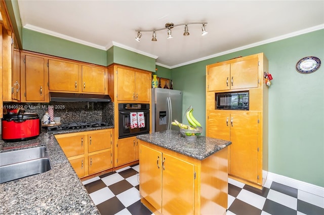 9370 SW 61st St, Miami, FL 33173 - kitchen featuring dark flooring, black appliances, backsplash, a kitchen island, and ornamental molding