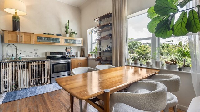 1521 Lenox Ave Unit 307, Miami Beach, FL 33139 - kitchen featuring stainless steel electric range, dark wood finished floors, and open shelves