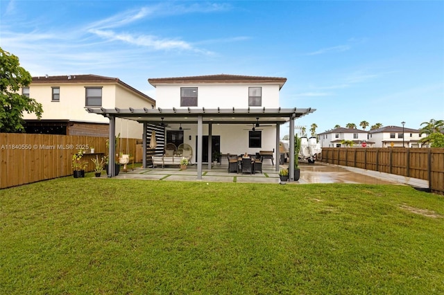25009 SW 108th Ave, Homestead, FL 33032 - rear view of property with stucco siding, ceiling fan, a fenced backyard, and a patio