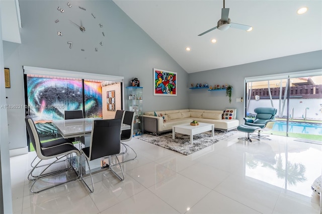 1000 NE 204th Ln Unit D, Miami, FL 33179 - living area featuring a ceiling fan, high vaulted ceiling, tile patterned flooring, and recessed lighting