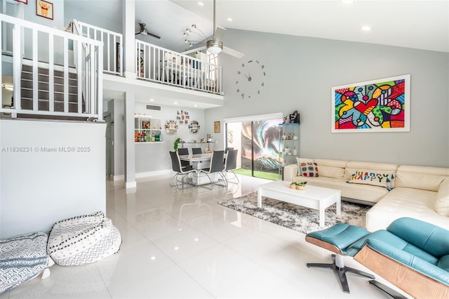 1000 NE 204th Ln Unit D, Miami, FL 33179 - tiled living area with ceiling fan, high vaulted ceiling, and recessed lighting