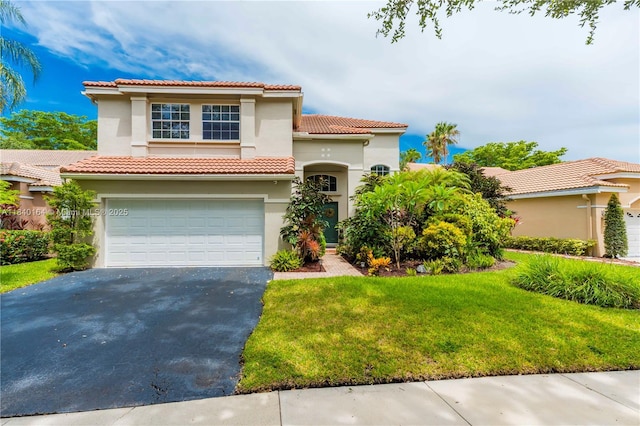 1204 Bayview Cir, Weston, FL 33326 - mediterranean / spanish home with asphalt driveway, an attached garage, stucco siding, and a front yard