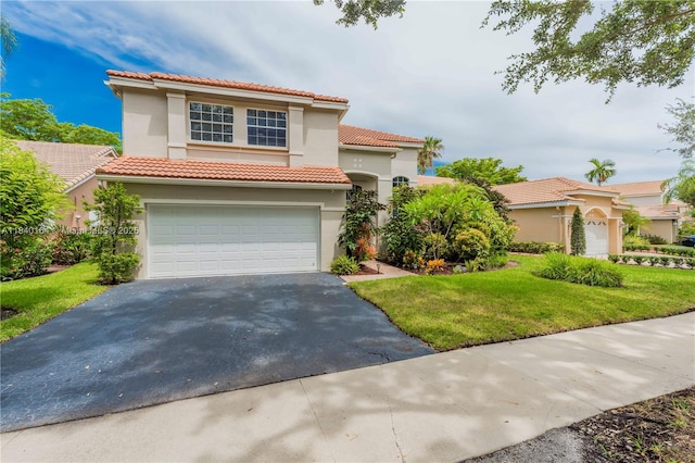 1204 Bayview Cir, Weston, FL 33326 - mediterranean / spanish home with asphalt driveway, stucco siding, a front lawn, and a tiled roof
