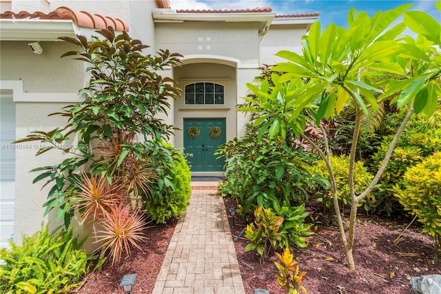 1204 Bayview Cir, Weston, FL 33326 - view of exterior entry featuring stucco siding and a tiled roof