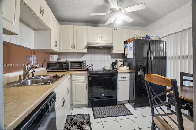9530 W Daffodil Ln, Miramar, FL 33025 - kitchen with black appliances, ceiling fan, light tile patterned floors, white cabinetry, and tasteful backsplash