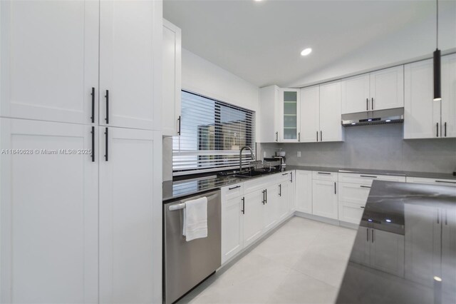 13526 Jonquil Pl, Wellington, FL 33414 - kitchen with decorative backsplash, stainless steel dishwasher, white cabinetry, recessed lighting, and glass insert cabinets