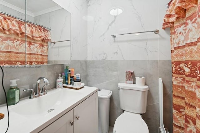 11610 NE 6th Ave, Biscayne Park, FL 33161 - bathroom with tile walls, ornamental molding, vanity, and a shower with shower curtain