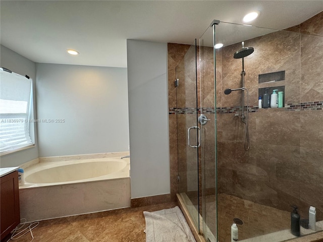 14972 SW 50th Ct, Davie, FL 33331 - bathroom featuring a garden tub, a shower stall, vanity, and recessed lighting