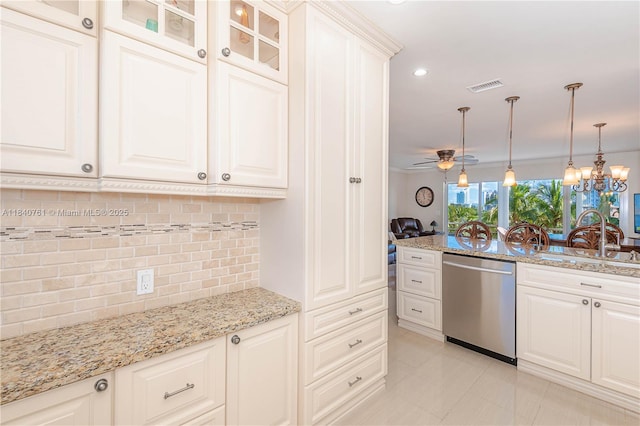 200 NE 14th Ave Unit 524, Hallandale Beach, FL 33009 - kitchen with stainless steel dishwasher, glass insert cabinets, backsplash, pendant lighting, and light stone countertops