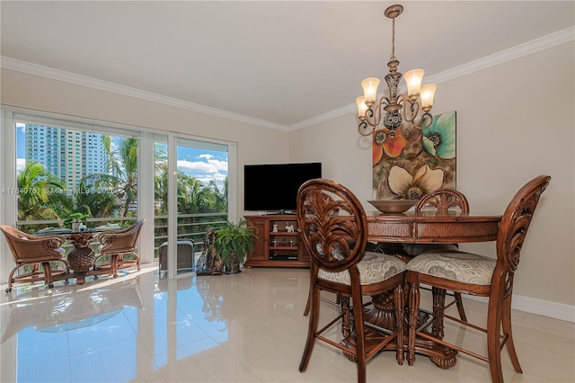 200 NE 14th Ave Unit 524, Hallandale Beach, FL 33009 - dining space featuring a chandelier, light tile patterned floors, and ornamental molding