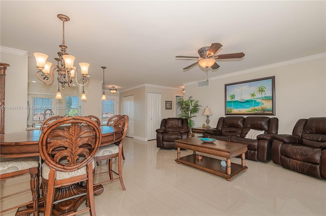 200 NE 14th Ave Unit 524, Hallandale Beach, FL 33009 - living room with ornamental molding, a ceiling fan, light tile patterned floors, and a chandelier