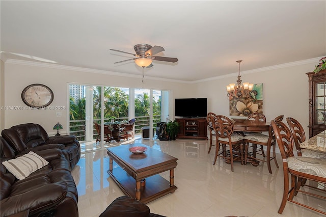 200 NE 14th Ave Unit 524, Hallandale Beach, FL 33009 - living room with crown molding, a chandelier, a ceiling fan, and light tile patterned floors