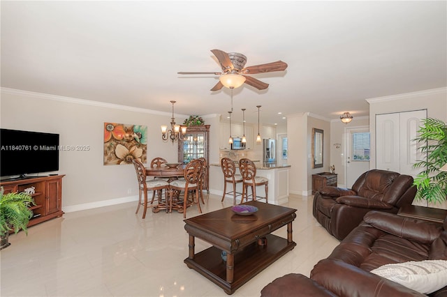 200 NE 14th Ave Unit 524, Hallandale Beach, FL 33009 - living area with ceiling fan, a chandelier, and ornamental molding
