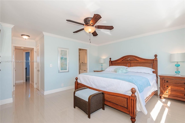 200 NE 14th Ave Unit 524, Hallandale Beach, FL 33009 - bedroom featuring ornamental molding, ceiling fan, and connected bathroom