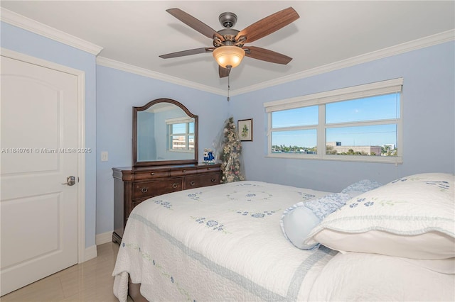 200 NE 14th Ave Unit 524, Hallandale Beach, FL 33009 - bedroom featuring ornamental molding, ceiling fan, and light tile patterned flooring