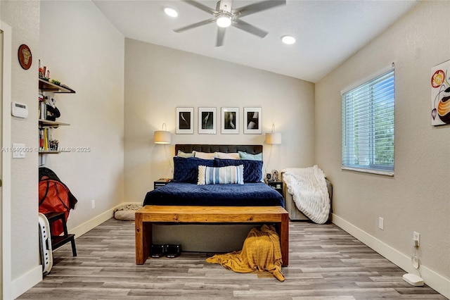 8657 SW 22nd Ct, Miramar, FL 33025 - bedroom featuring vaulted ceiling, recessed lighting, wood finished floors, and ceiling fan