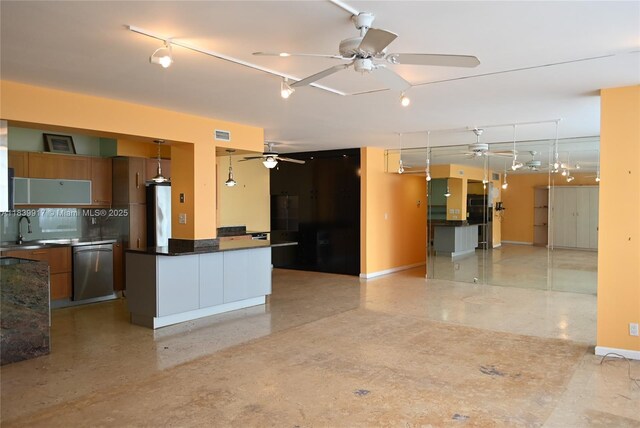 2100 W Sans Souci Blvd Unit E1, North Miami, FL 33181 - kitchen featuring stainless steel dishwasher, ceiling fan, open floor plan, fridge, and dark countertops