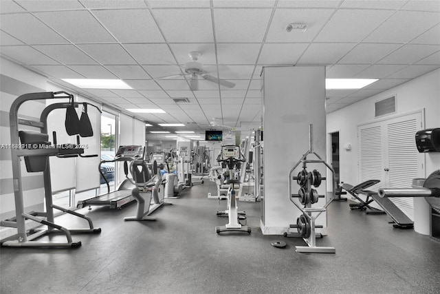 2100 W Sans Souci Blvd Unit E1, North Miami, FL 33181 - workout area with ceiling fan and a drop ceiling