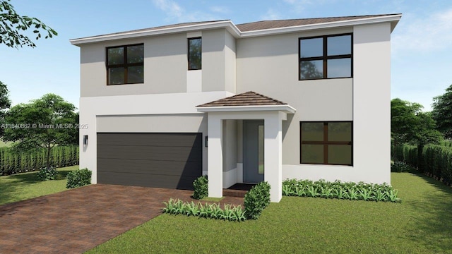 1375 NE 2nd Ct, Homestead, FL 33033 - contemporary house with stucco siding, decorative driveway, an attached garage, and a front lawn