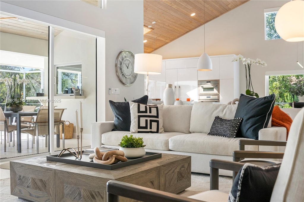 10 Mahogany, Key Largo, FL 33037 - living room featuring wood ceiling, high vaulted ceiling, and recessed lighting