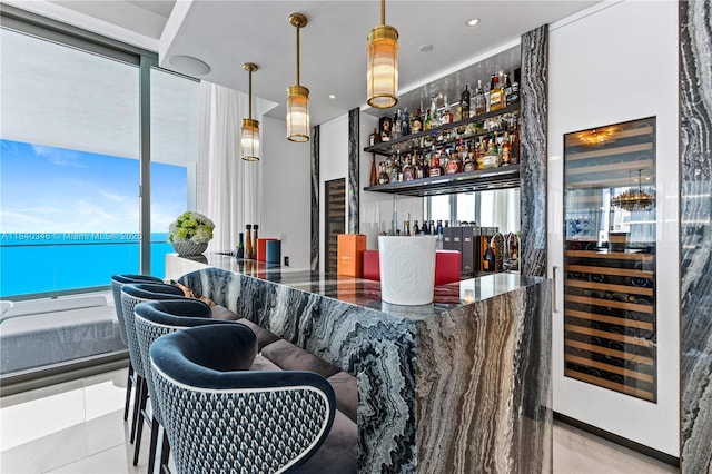 17901 Collins Ave Unit Ts4205, Sunny Isles Beach, FL 33160 - community bar area featuring beverage cooler, decorative light fixtures, recessed lighting, and tile patterned floors