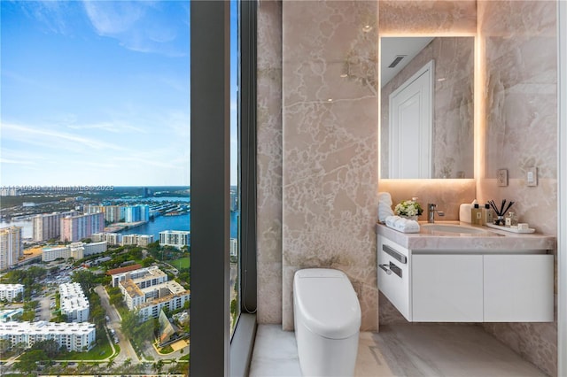 17901 Collins Ave Unit Ts4205, Sunny Isles Beach, FL 33160 - bathroom featuring a view of city, vanity, and marble finish floors