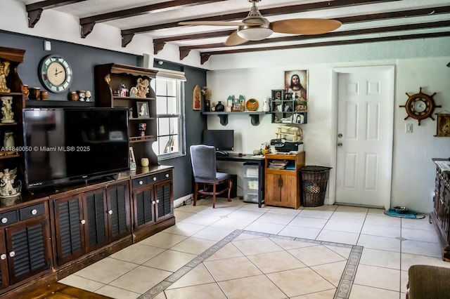 1004 NE 151st Ter, North Miami Beach, FL 33162 - tiled office space with ceiling fan, beam ceiling, and built in desk