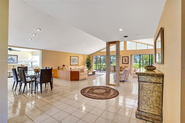 53 Northwoods Ln, Boynton Beach, FL 33436 - dining space with light tile patterned floors, lofted ceiling, and recessed lighting