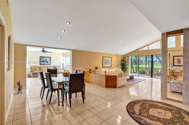 53 Northwoods Ln, Boynton Beach, FL 33436 - dining space featuring light tile patterned floors, recessed lighting, lofted ceiling, and a ceiling fan
