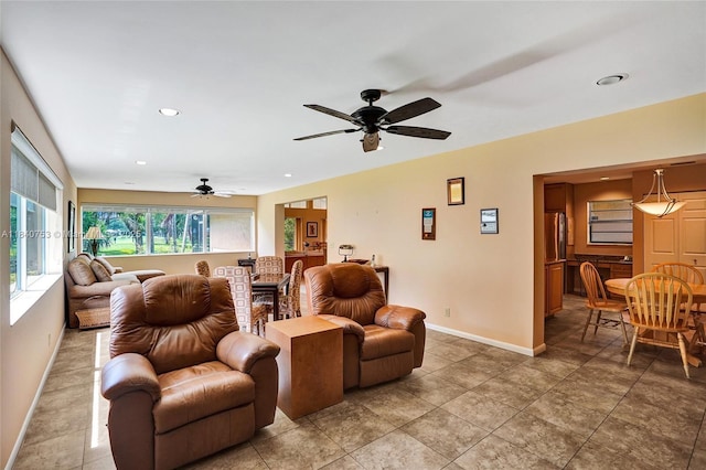 53 Northwoods Ln, Boynton Beach, FL 33436 - living room featuring a ceiling fan and recessed lighting