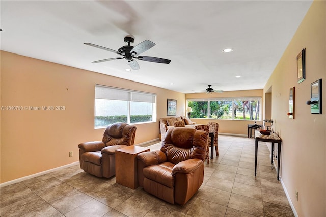 53 Northwoods Ln, Boynton Beach, FL 33436 - living room featuring ceiling fan, recessed lighting, and light tile patterned flooring