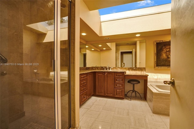 53 Northwoods Ln, Boynton Beach, FL 33436 - bathroom featuring a skylight, a shower stall, a bath, vanity, and a towering ceiling