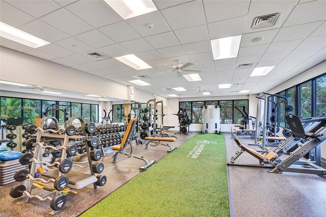 53 Northwoods Ln, Boynton Beach, FL 33436 - gym with a ceiling fan and a drop ceiling