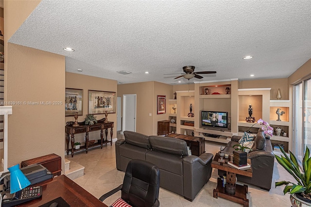 2188 NW 158th Ave, Pembroke Pines, FL 33028 - living room featuring ceiling fan, a textured ceiling, light tile patterned flooring, and recessed lighting