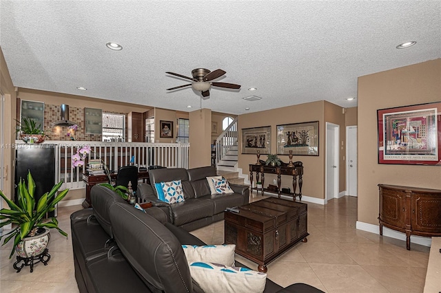 2188 NW 158th Ave, Pembroke Pines, FL 33028 - living room featuring ceiling fan, stairway, a textured ceiling, light tile patterned floors, and recessed lighting