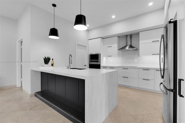 3758 SW 50th Ct, Hollywood, FL 33312 - kitchen with stainless steel appliances, wall chimney range hood, pendant lighting, white cabinetry, and light stone counters