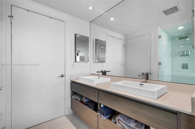 460 NE 28th St Unit 3905, Miami, FL 33137 - full bath with a shower stall, double vanity, tile patterned floors, and recessed lighting