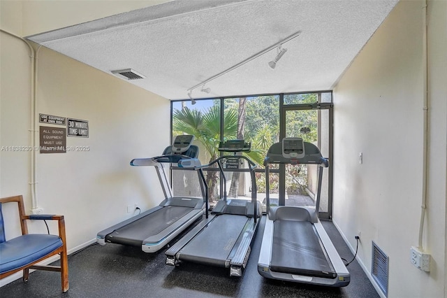 2215 Cypress Island Dr Unit 707, Pompano Beach, FL 33069 - exercise room featuring track lighting, expansive windows, plenty of natural light, and a textured ceiling